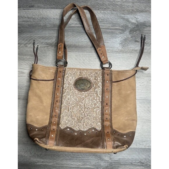 Justin Boots Handbags - Justin Concealed Carry Tote Bag Western Vegan Leather Lace Brown Cowgirl